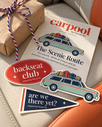 The details: the Scenic Route card with Backseat Club, wagon and are-we-there-yet stickers on the back seat