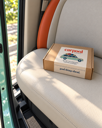Ready to go: the Carpool box packed and waiting in the car