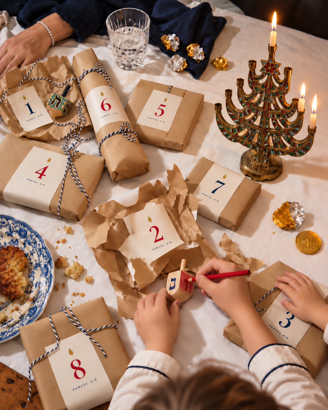 Night two at the table: the numbered kraft parcels and a child painting a dreidel while the candles burn