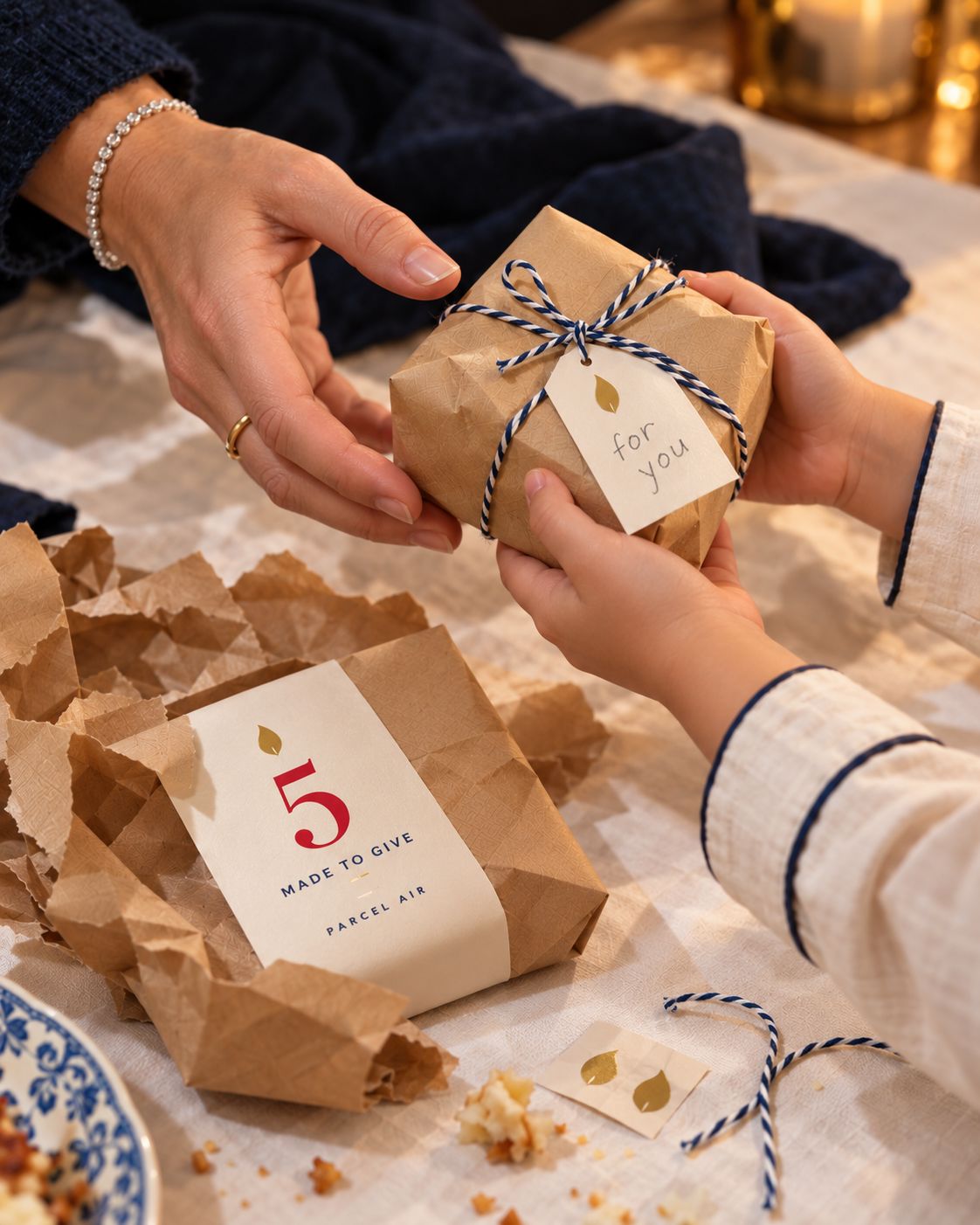 Night five, the giving night: a child hands a wrapped dreidel across the table