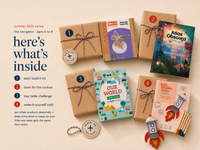 What's inside The Navigator ages 6 to 8: a butterfly build-it kit, the Atlas Obscura Explorer's Guide, Our World Trivia cards, and a space rocket colouring kit, each wrapped in a numbered kraft parcel