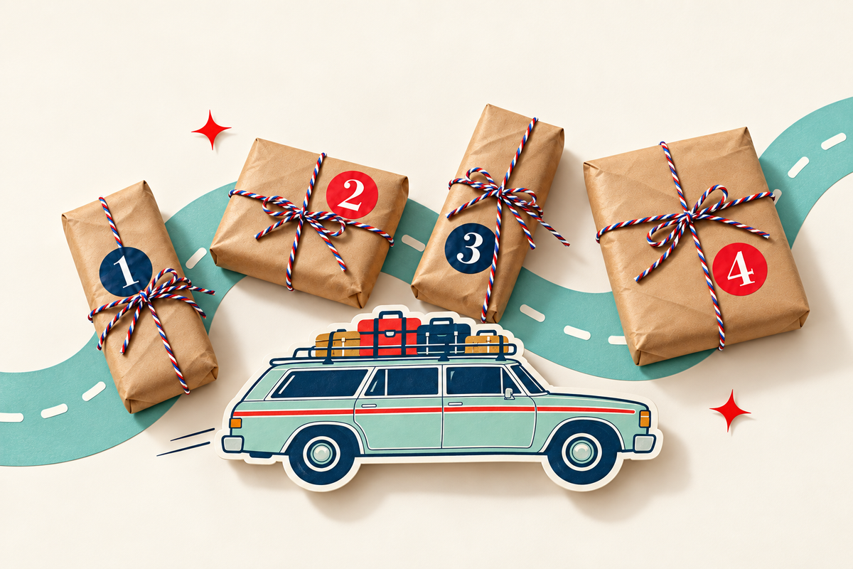 A Carpool box and a numbered kraft parcel tied with twine on the back seat of a car
