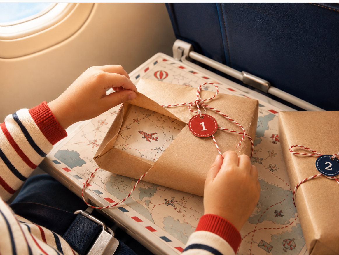 A child opening the first kraft paper parcel on an airplane tray table, with the second parcel still tied and waiting