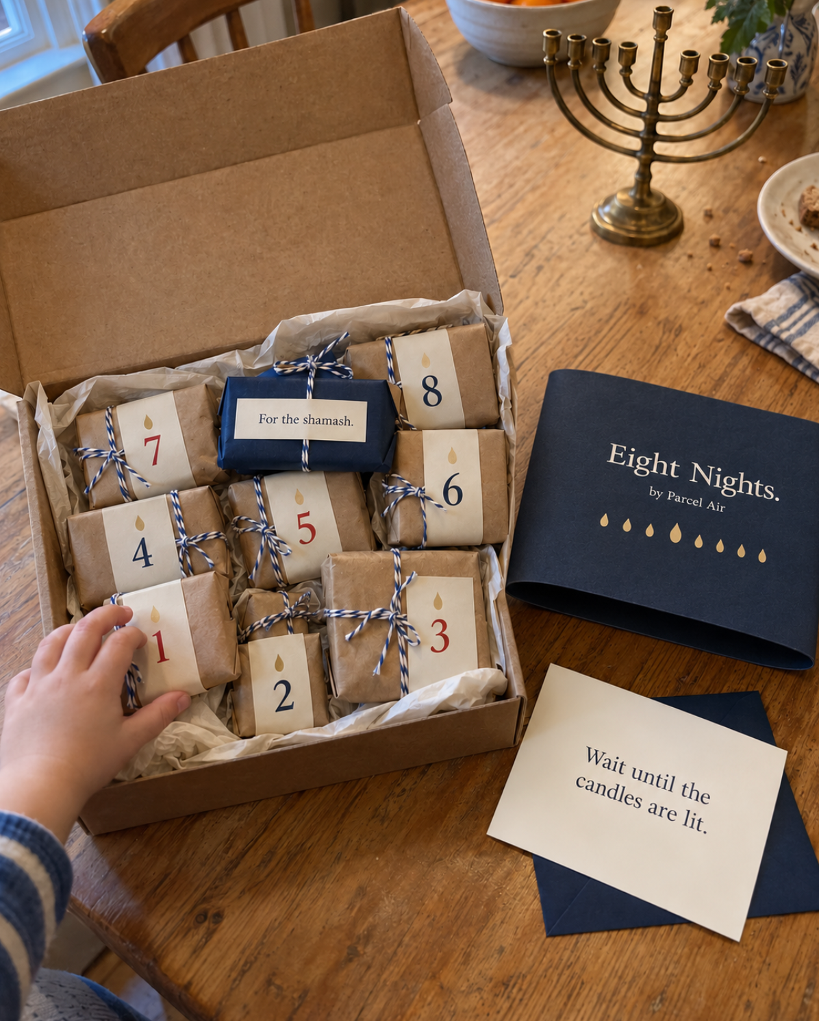 Eight Nights by Parcel Air, opened on a kitchen table: eight numbered kraft parcels tied with blue-and-white twine, a navy parcel for the shamash, and a child's hand reaching for night one
