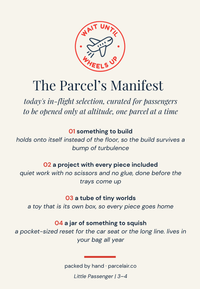 The Parcel's Manifest for Little Passenger ages 3 to 4, autumn series: something to build, a project with every piece included, a tube of tiny worlds, and a jar of something to squish