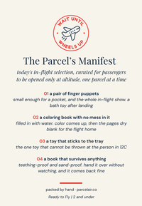The Parcel's Manifest for Ready to Fly, 2 and under, autumn series: a pair of finger puppets, a coloring book with no mess in it, a toy that sticks to the tray, and a book that survives anything