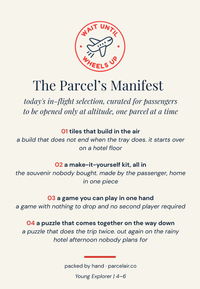 The Parcel's Manifest for Young Explorer ages 4 to 6, autumn series: tiles that build in the air, a make-it-yourself kit, a game you can play in one hand, and a puzzle that comes together on the way down