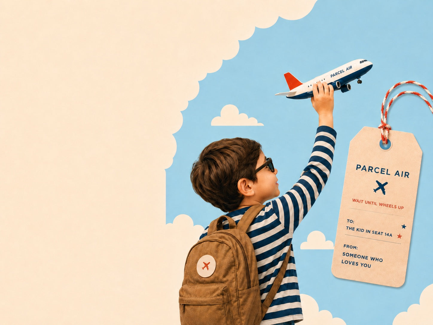 A child in a striped shirt holding a toy Parcel Air plane up against a cloudy sky